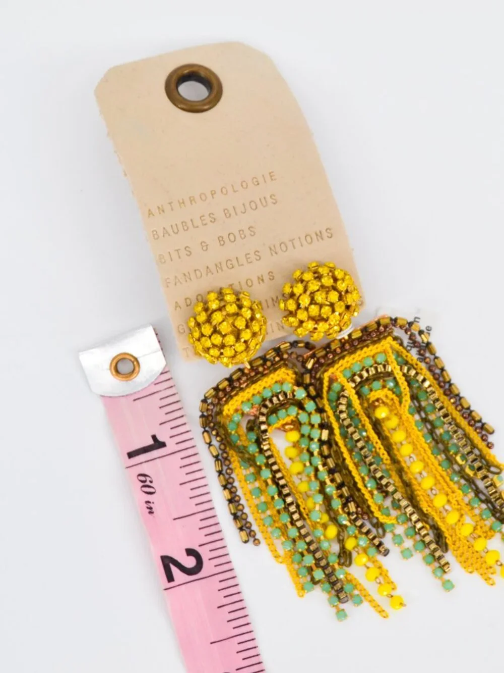 NWT Anthropologie Rhinestone Fringe Tassel Earrings Yellow Gold Blue